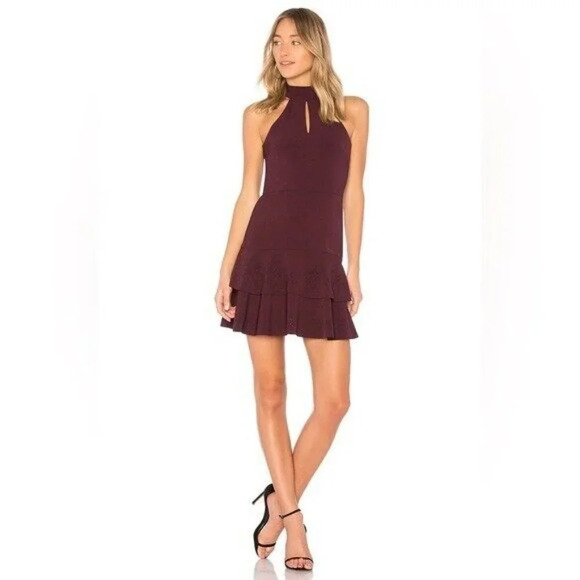 Parker Wine Luana Halter Keyhole Fit & Flare Tiered Ruffle Mini Dress Size 4 - Picture 1 of 10